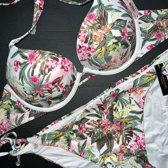Victoria's Secret 38DD BOMBSHELL BIKINI XXL bottom WHITE GREEN PALM PINK ORCHID - Picture 2 of 5